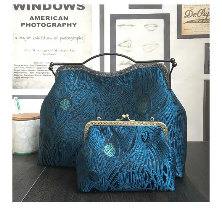 DIY Sewing Kit Set Blue Peacock tail Simulated Silk Fabric Women Bags Series
