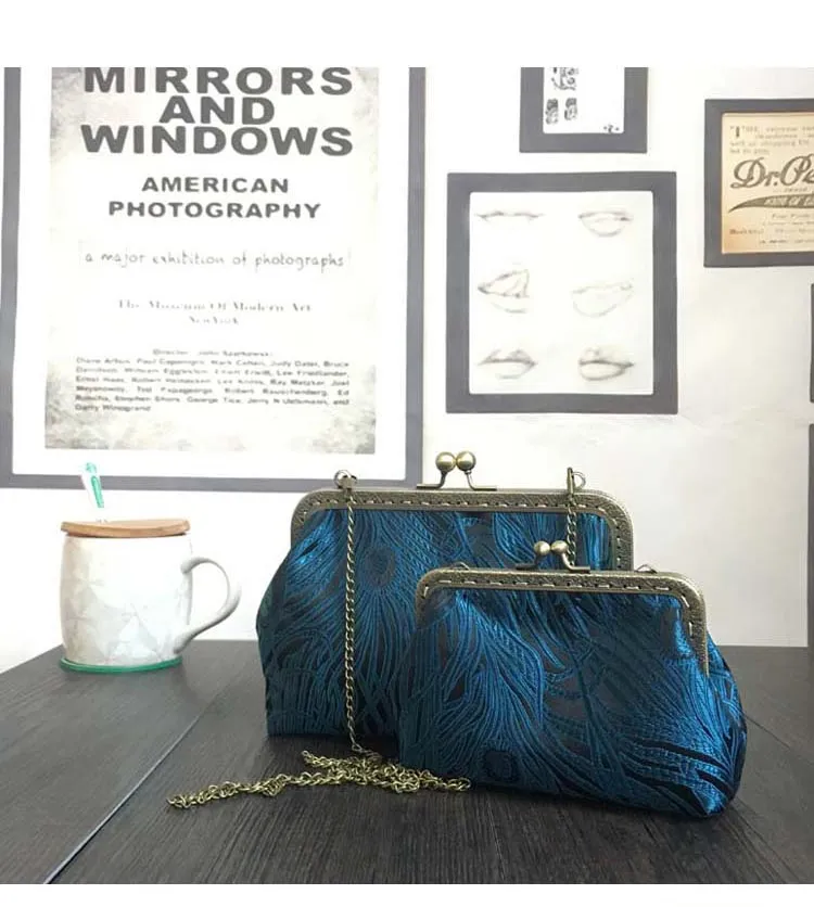 DIY Sewing Kit Set Blue Peacock tail Simulated Silk Fabric Women Bags Series