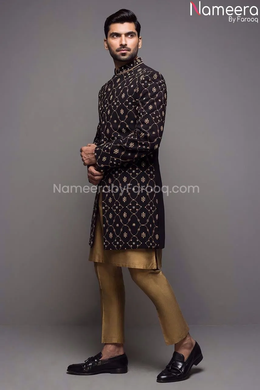 Elegant Black and Gold Sherwani for Men's Online #GR60