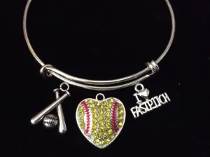 Fast Pitch Crystal Heart Softball Bats Silver Expandable Charm Bracelet Sports Team Coach Gift Adjustable Bangle