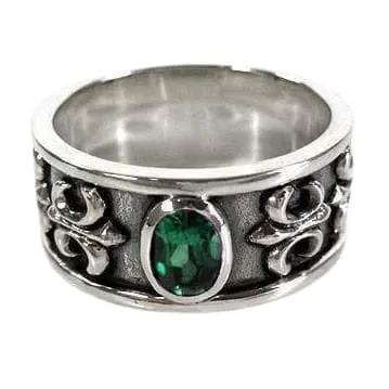 Fleur De Lis Sterling Silver Men's Emerald Ring