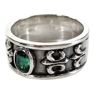 Fleur De Lis Sterling Silver Men's Emerald Ring