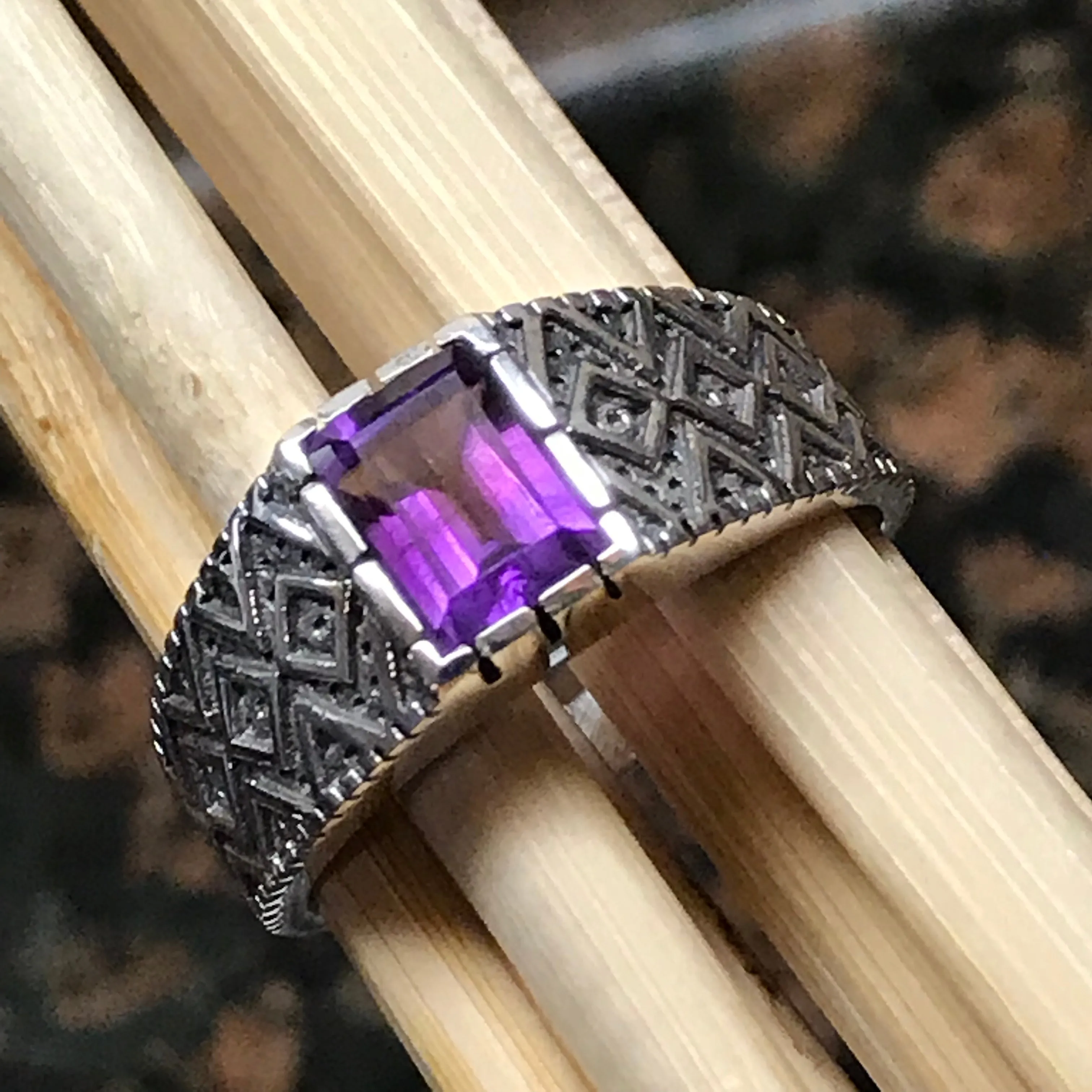 Genuine 2ct Purple Amethyst 925 Solid Sterling Silver Men's Ring Size 7, 8, 9, 10, 11, 12, 13