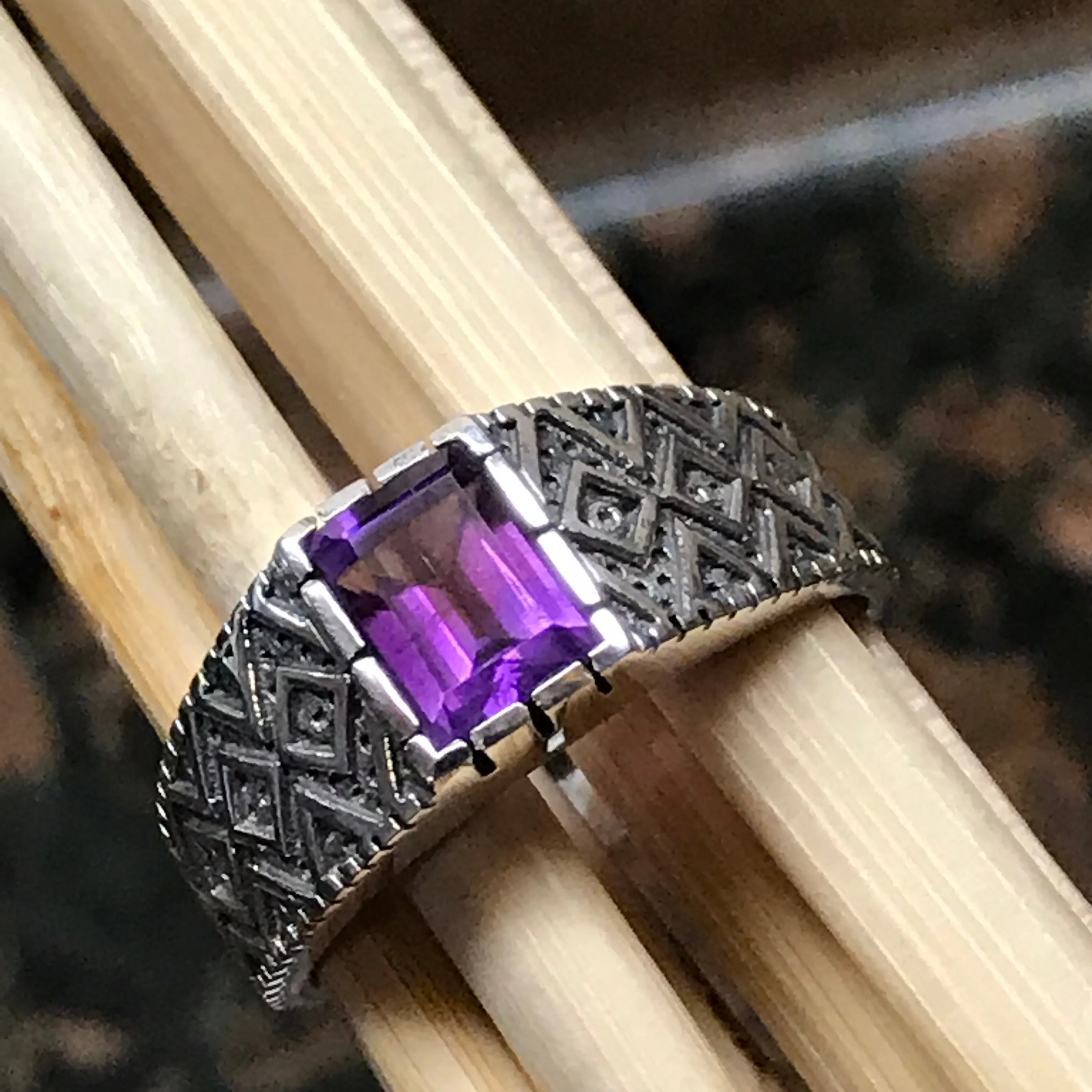 Genuine 2ct Purple Amethyst 925 Solid Sterling Silver Men's Ring Size 7, 8, 9, 10, 11, 12, 13