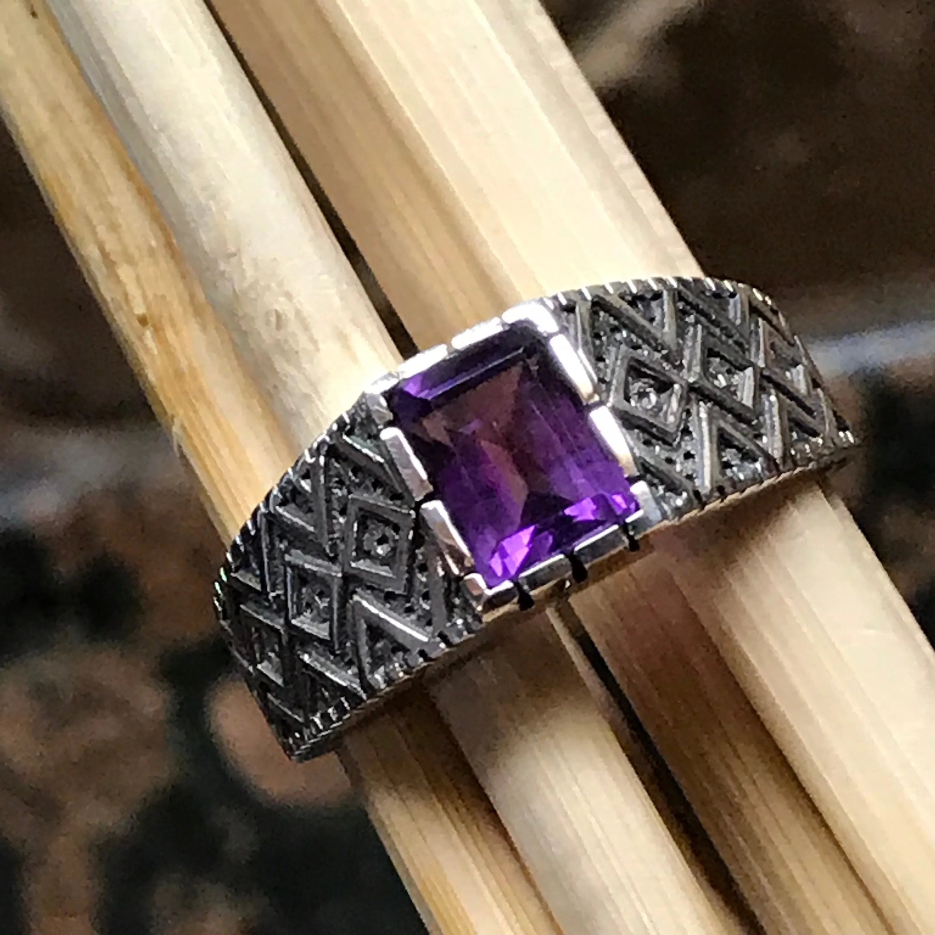 Genuine 2ct Purple Amethyst 925 Solid Sterling Silver Men's Ring Size 7, 8, 9, 10, 11, 12, 13