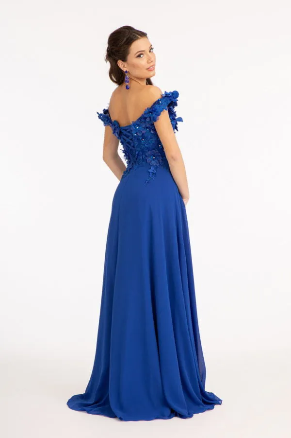 GL 3018 - Off The Shoulder A-Line Prom Gown with  3D Floral Applique Bodice Leg Slit & Corset Back
