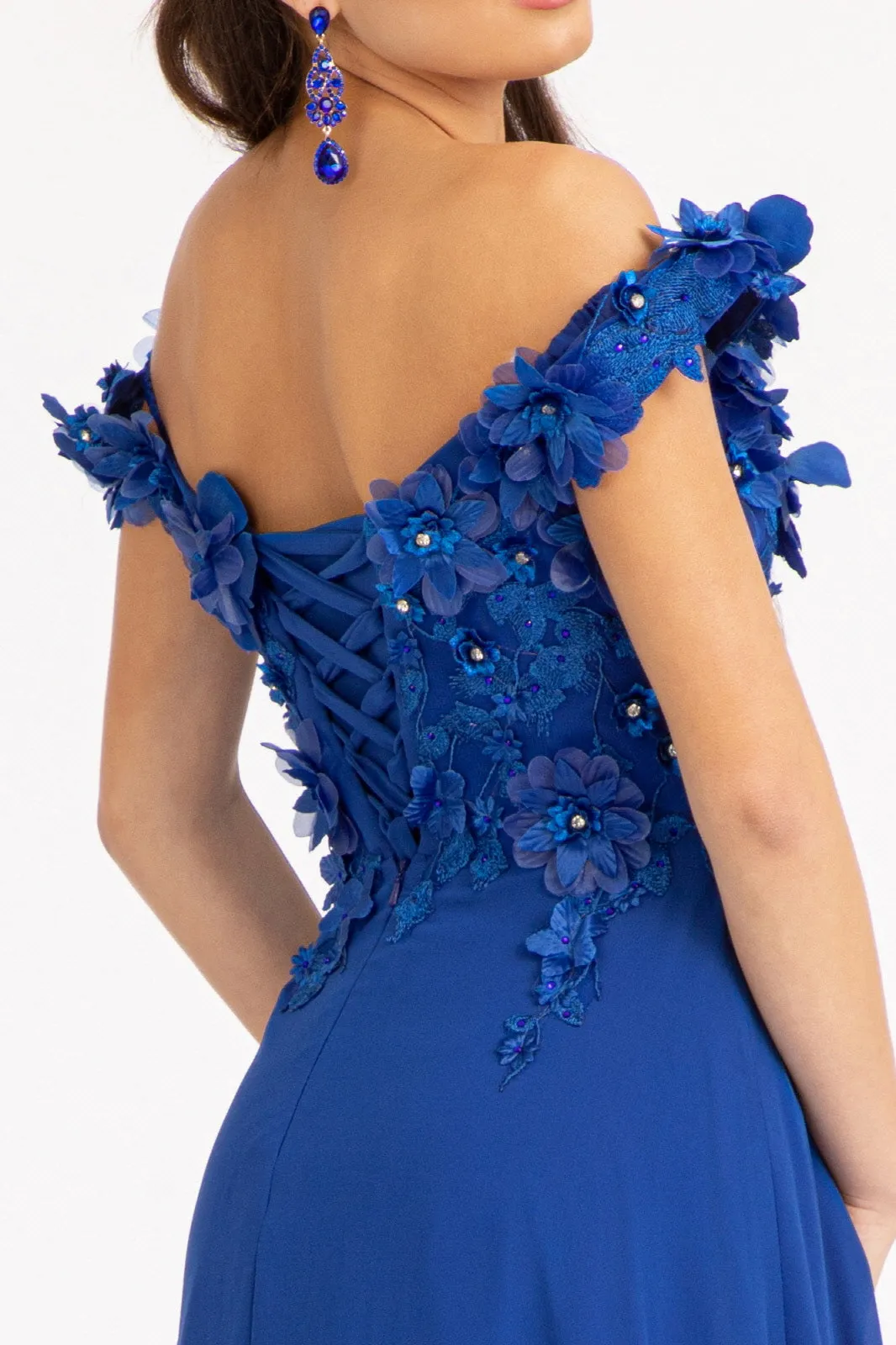 GL 3018 - Off The Shoulder A-Line Prom Gown with  3D Floral Applique Bodice Leg Slit & Corset Back