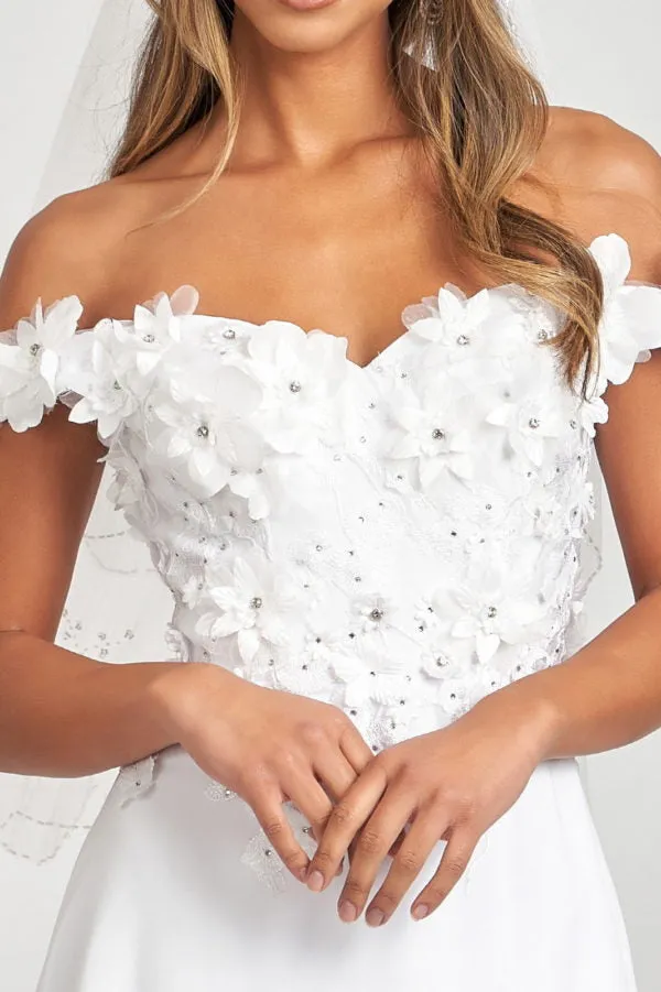 GL 3018 - Off The Shoulder A-Line Prom Gown with  3D Floral Applique Bodice Leg Slit & Corset Back