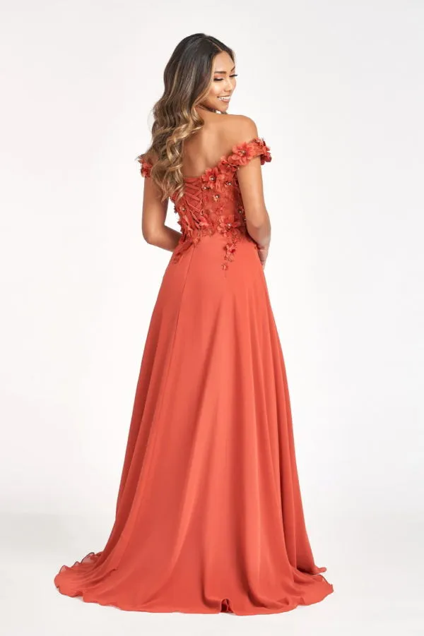 GL 3018 - Off The Shoulder A-Line Prom Gown with  3D Floral Applique Bodice Leg Slit & Corset Back