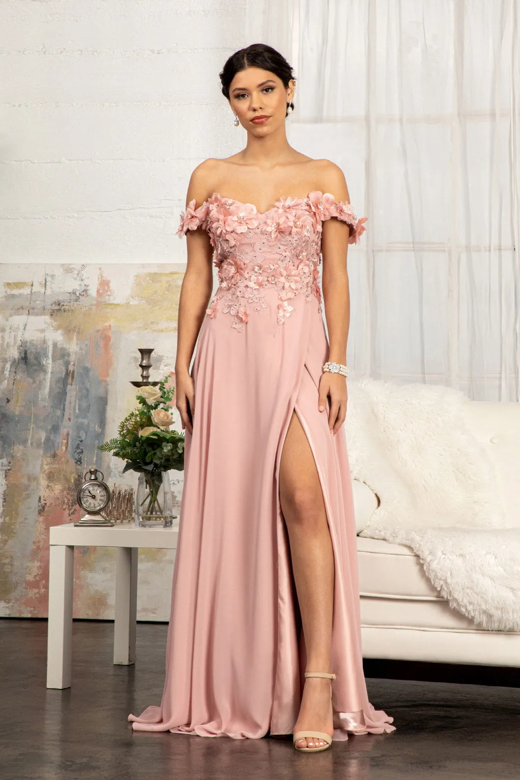 GL 3018 - Off The Shoulder A-Line Prom Gown with  3D Floral Applique Bodice Leg Slit & Corset Back