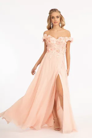 GL 3018 - Off The Shoulder A-Line Prom Gown with  3D Floral Applique Bodice Leg Slit & Corset Back