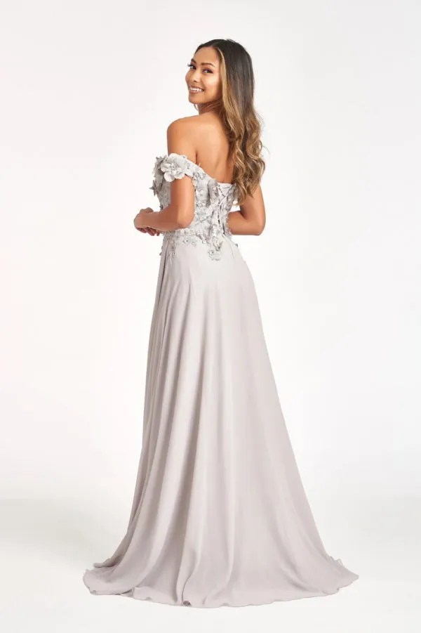 GL 3018 - Off The Shoulder A-Line Prom Gown with  3D Floral Applique Bodice Leg Slit & Corset Back