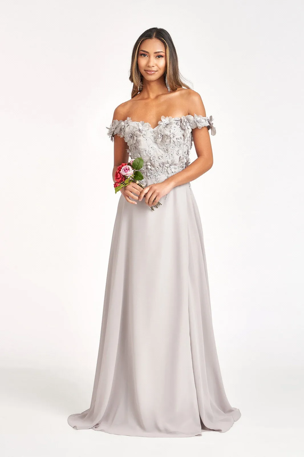 GL 3018 - Off The Shoulder A-Line Prom Gown with  3D Floral Applique Bodice Leg Slit & Corset Back