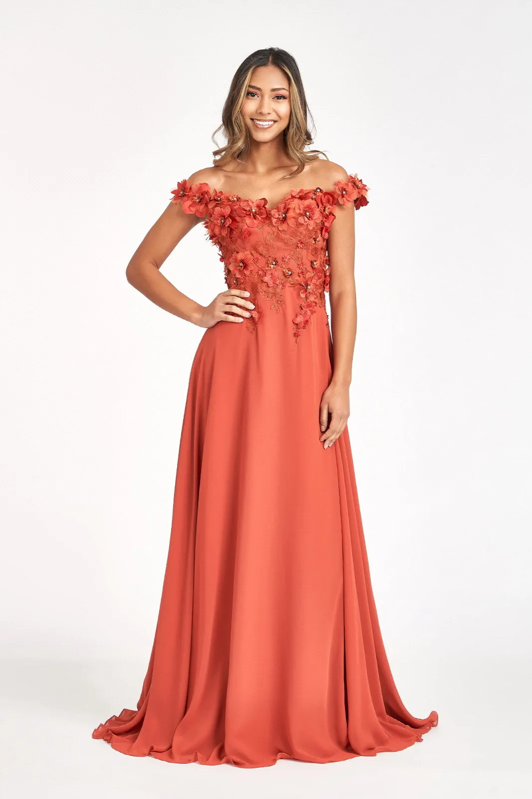 GL 3018 - Off The Shoulder A-Line Prom Gown with  3D Floral Applique Bodice Leg Slit & Corset Back