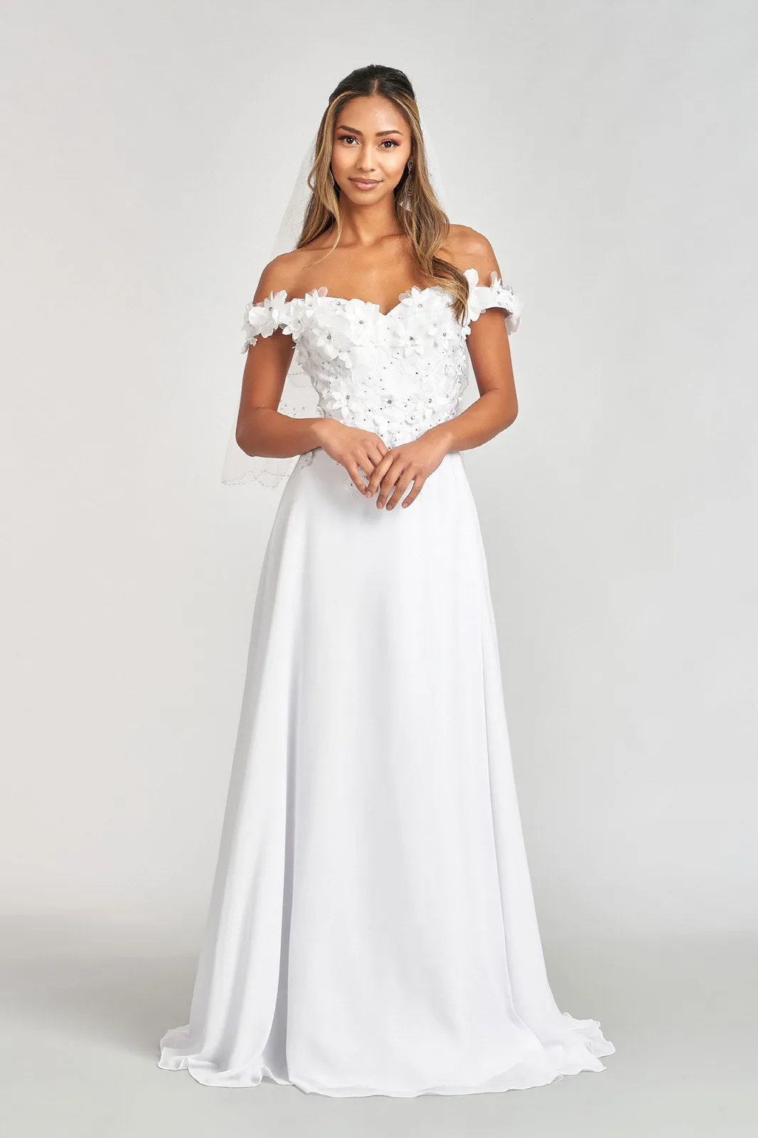 GL 3018 - Off The Shoulder A-Line Prom Gown with  3D Floral Applique Bodice Leg Slit & Corset Back