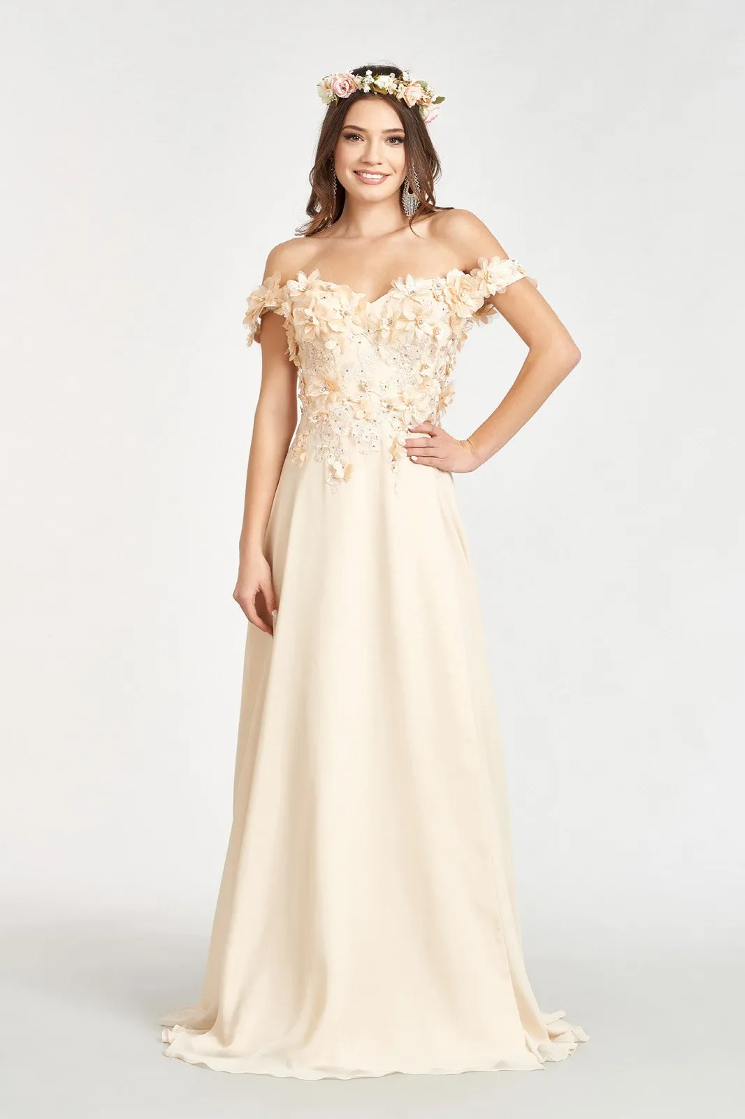 GL 3018 - Off The Shoulder A-Line Prom Gown with  3D Floral Applique Bodice Leg Slit & Corset Back