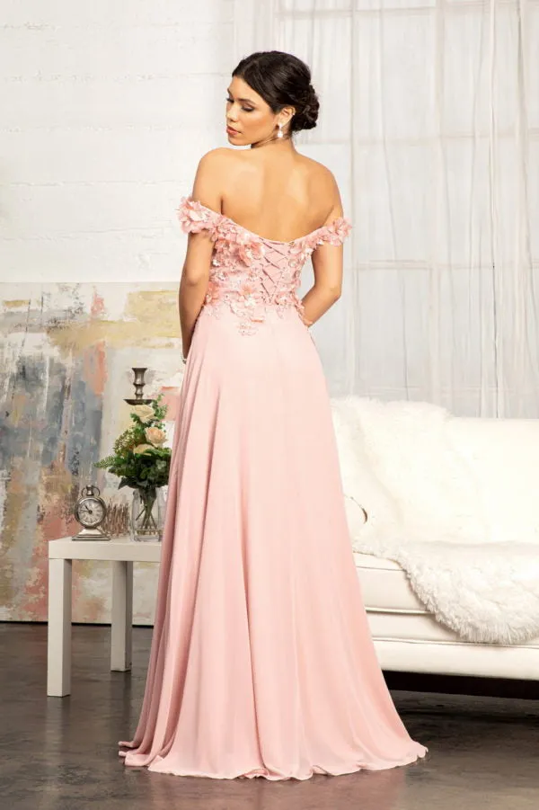 GL 3018 - Off The Shoulder A-Line Prom Gown with  3D Floral Applique Bodice Leg Slit & Corset Back