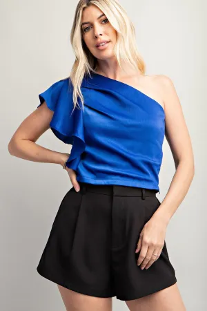 Glam Royal Blue One Shoulder Satin Blouse