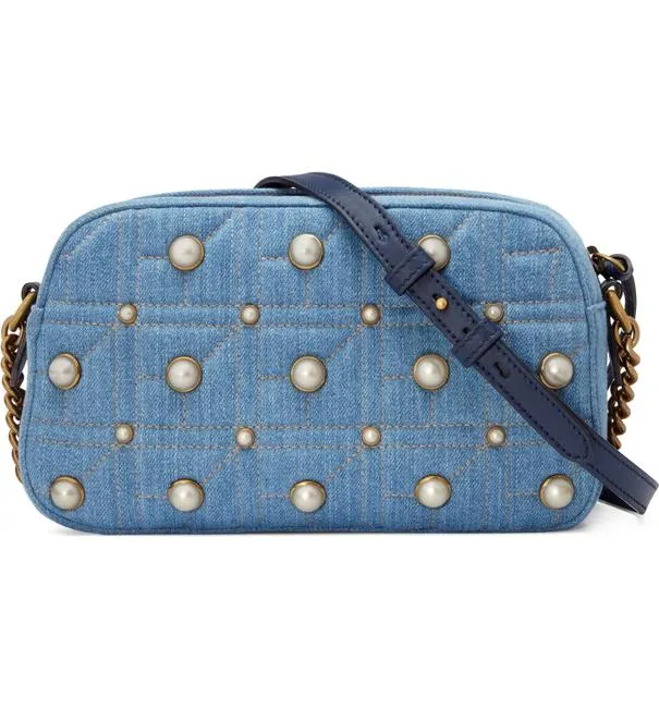 Gucci Matelassé GG Marmont Pearl Shoulder Bag in Denim