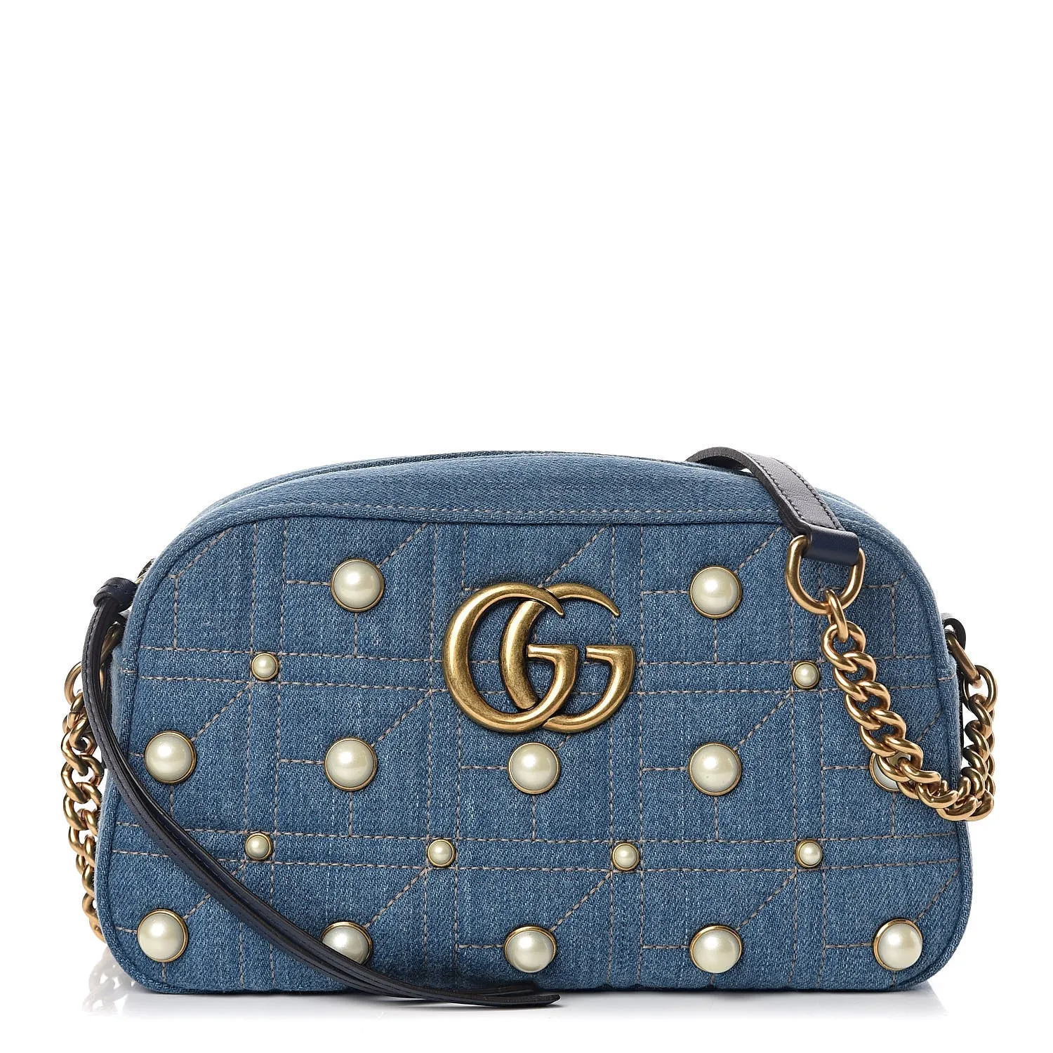 Gucci Matelassé GG Marmont Pearl Shoulder Bag in Denim