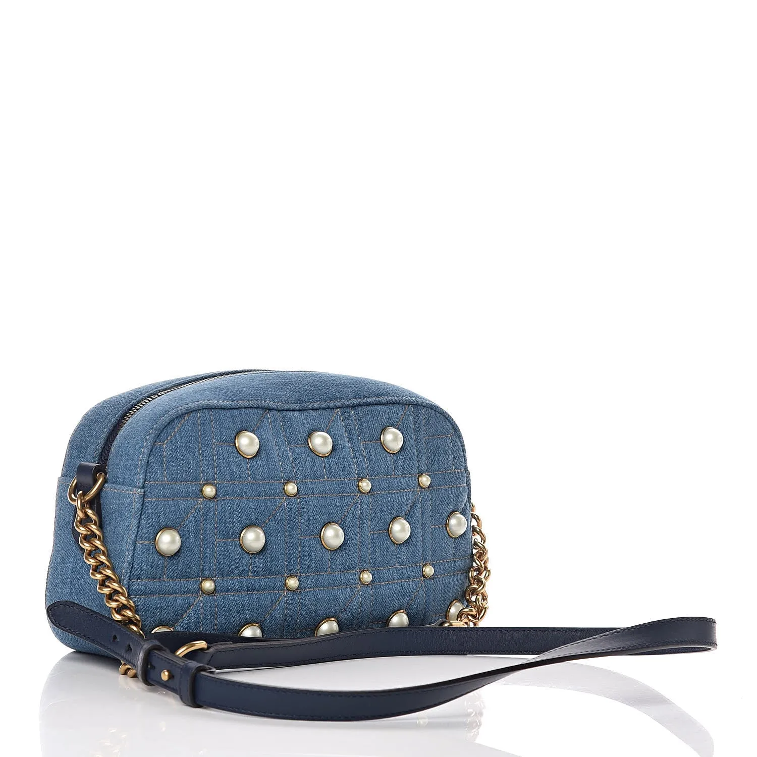 Gucci Matelassé GG Marmont Pearl Shoulder Bag in Denim