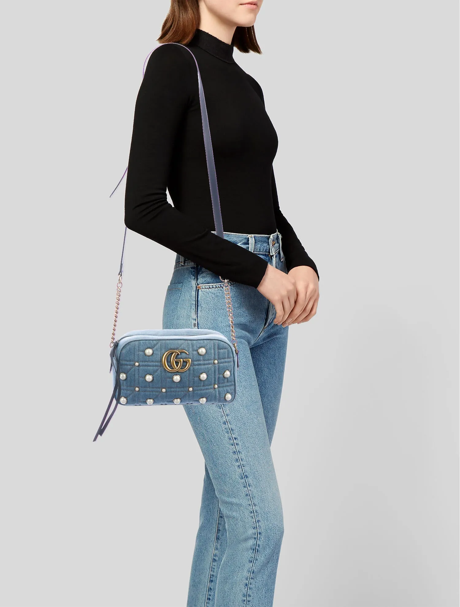 Gucci Matelassé GG Marmont Pearl Shoulder Bag in Denim
