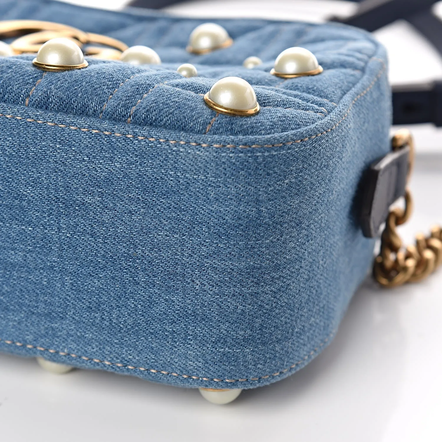 Gucci Matelassé GG Marmont Pearl Shoulder Bag in Denim