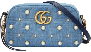 Gucci Matelassé GG Marmont Pearl Shoulder Bag in Denim