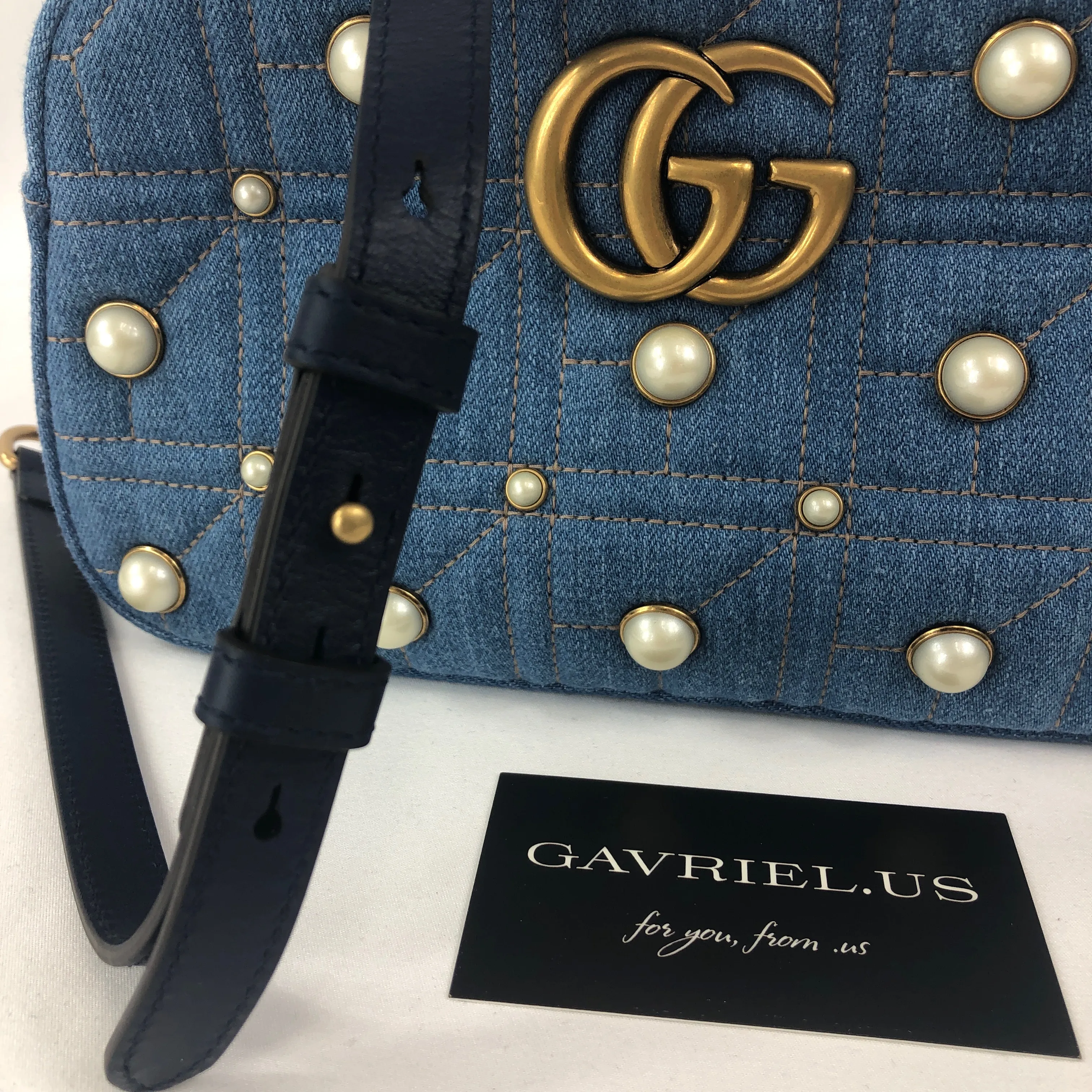 Gucci Matelassé GG Marmont Pearl Shoulder Bag in Denim