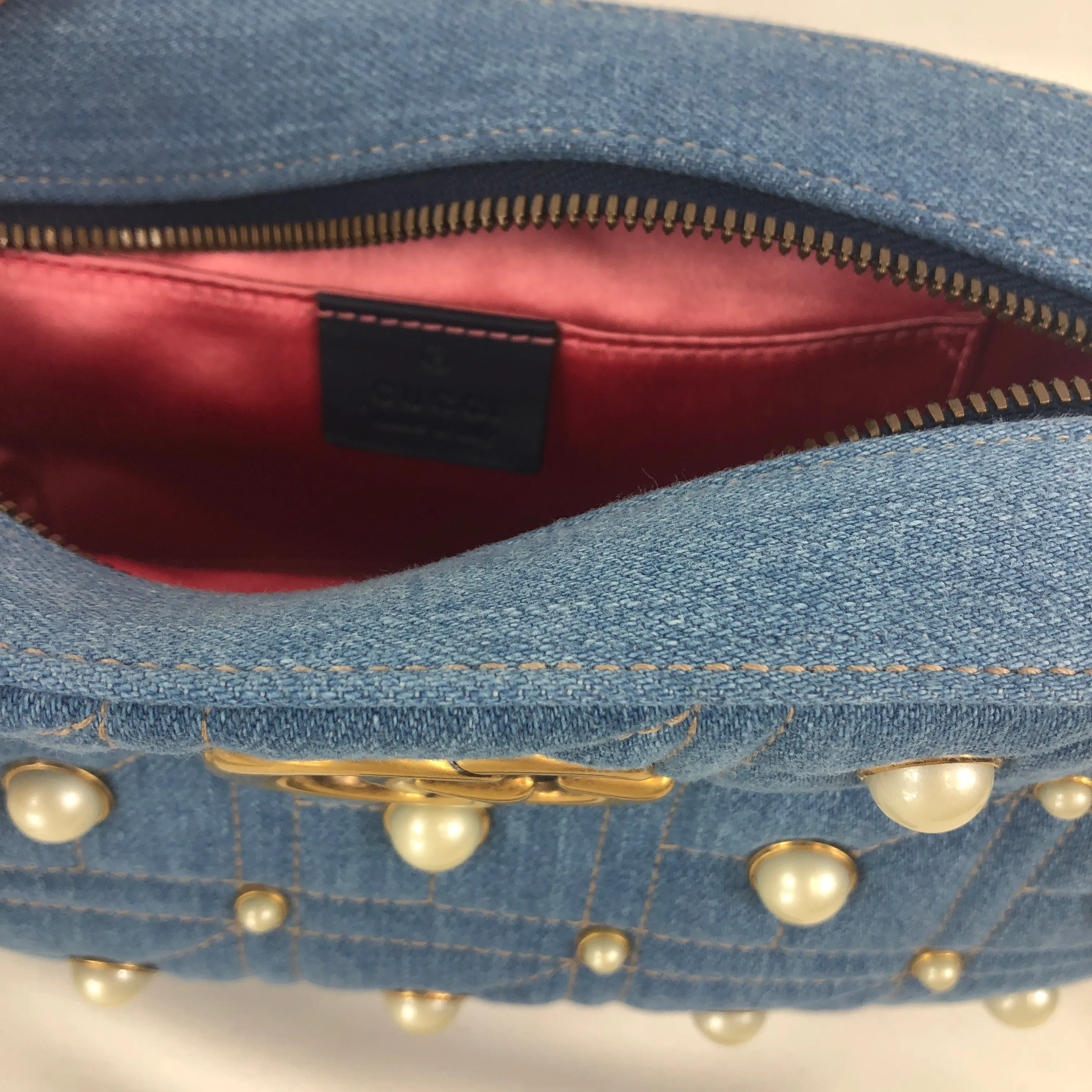 Gucci Matelassé GG Marmont Pearl Shoulder Bag in Denim