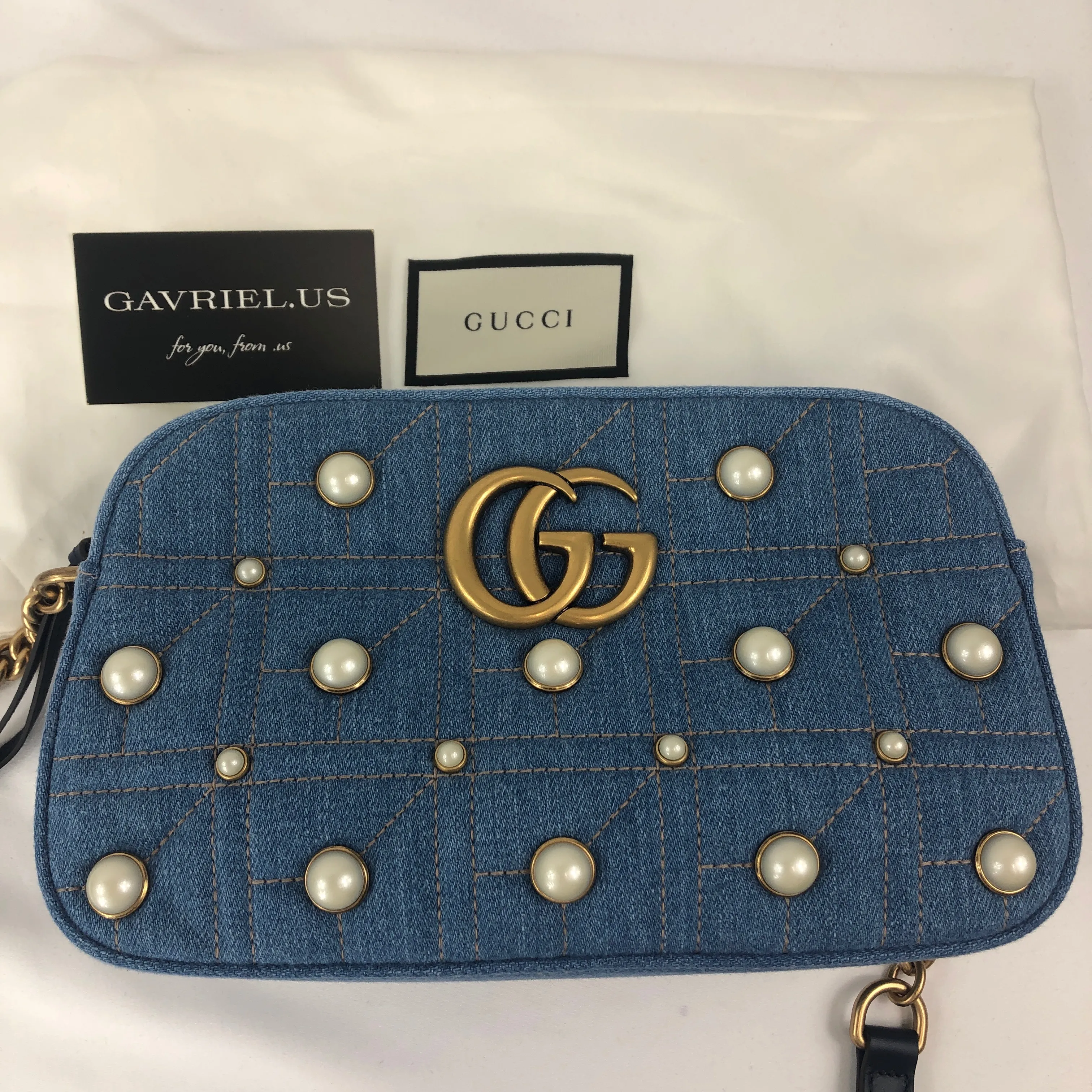 Gucci Matelassé GG Marmont Pearl Shoulder Bag in Denim