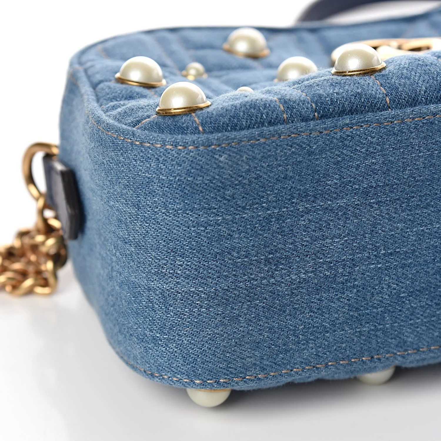 Gucci Matelassé GG Marmont Pearl Shoulder Bag in Denim