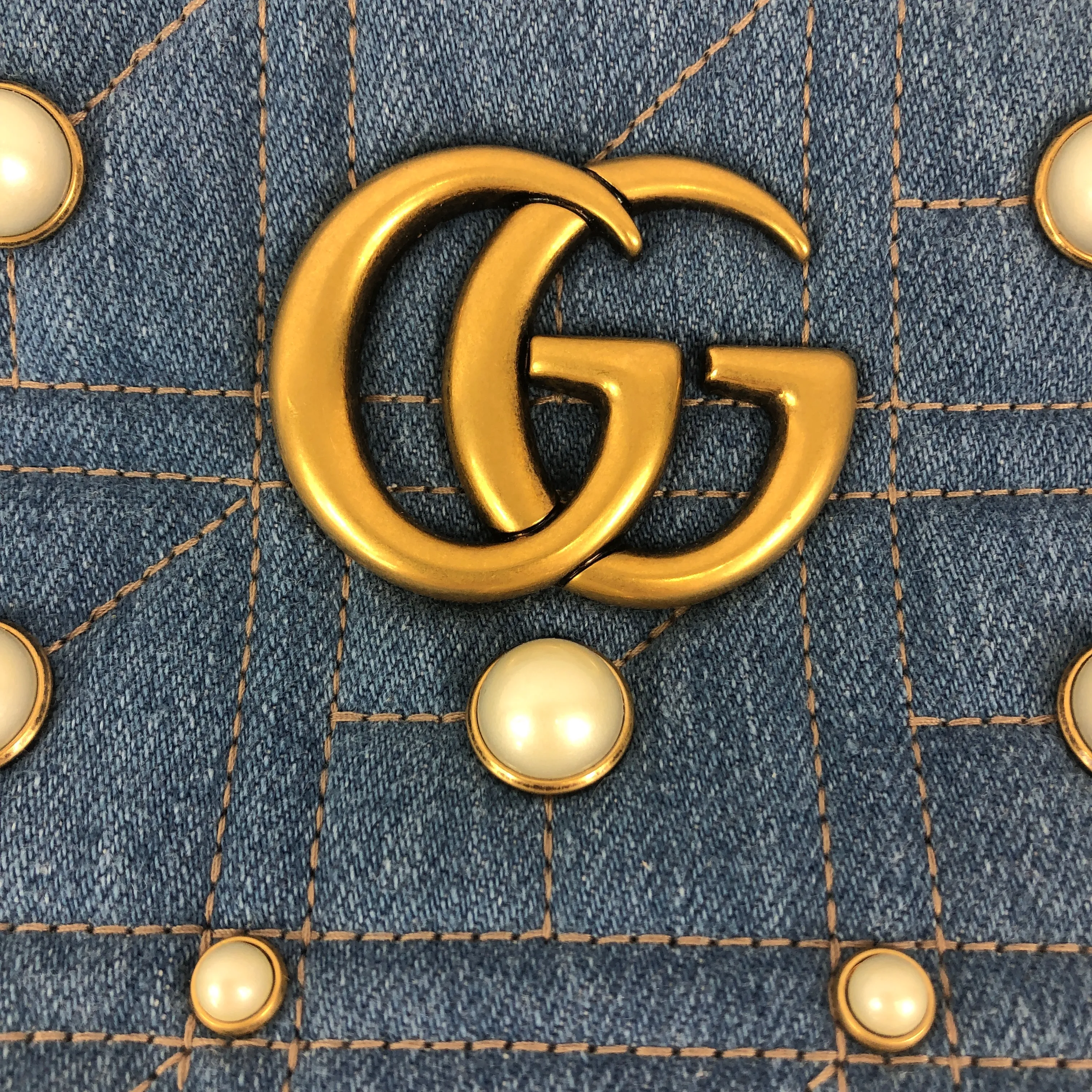 Gucci Matelassé GG Marmont Pearl Shoulder Bag in Denim