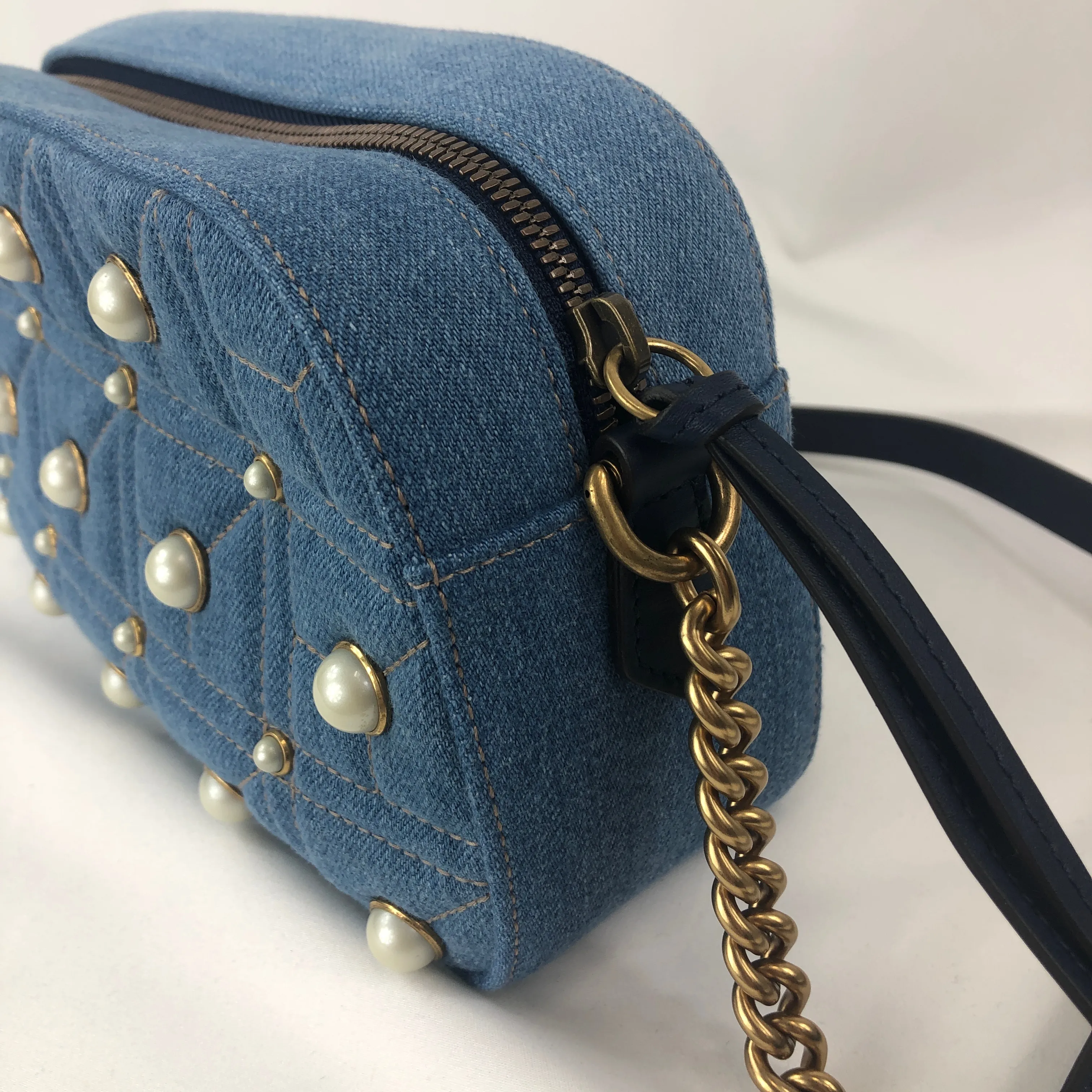 Gucci Matelassé GG Marmont Pearl Shoulder Bag in Denim