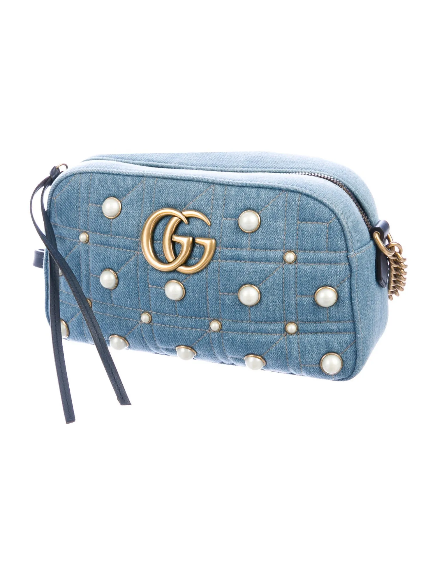 Gucci Matelassé GG Marmont Pearl Shoulder Bag in Denim