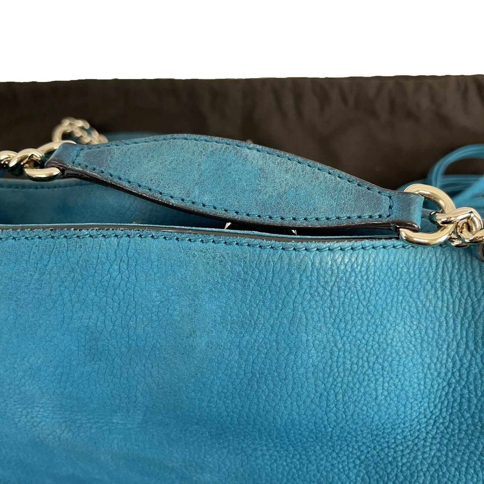 Gucci Nubuck Medium Soho Chain Shoulder Tote Aqua Blue Handbag