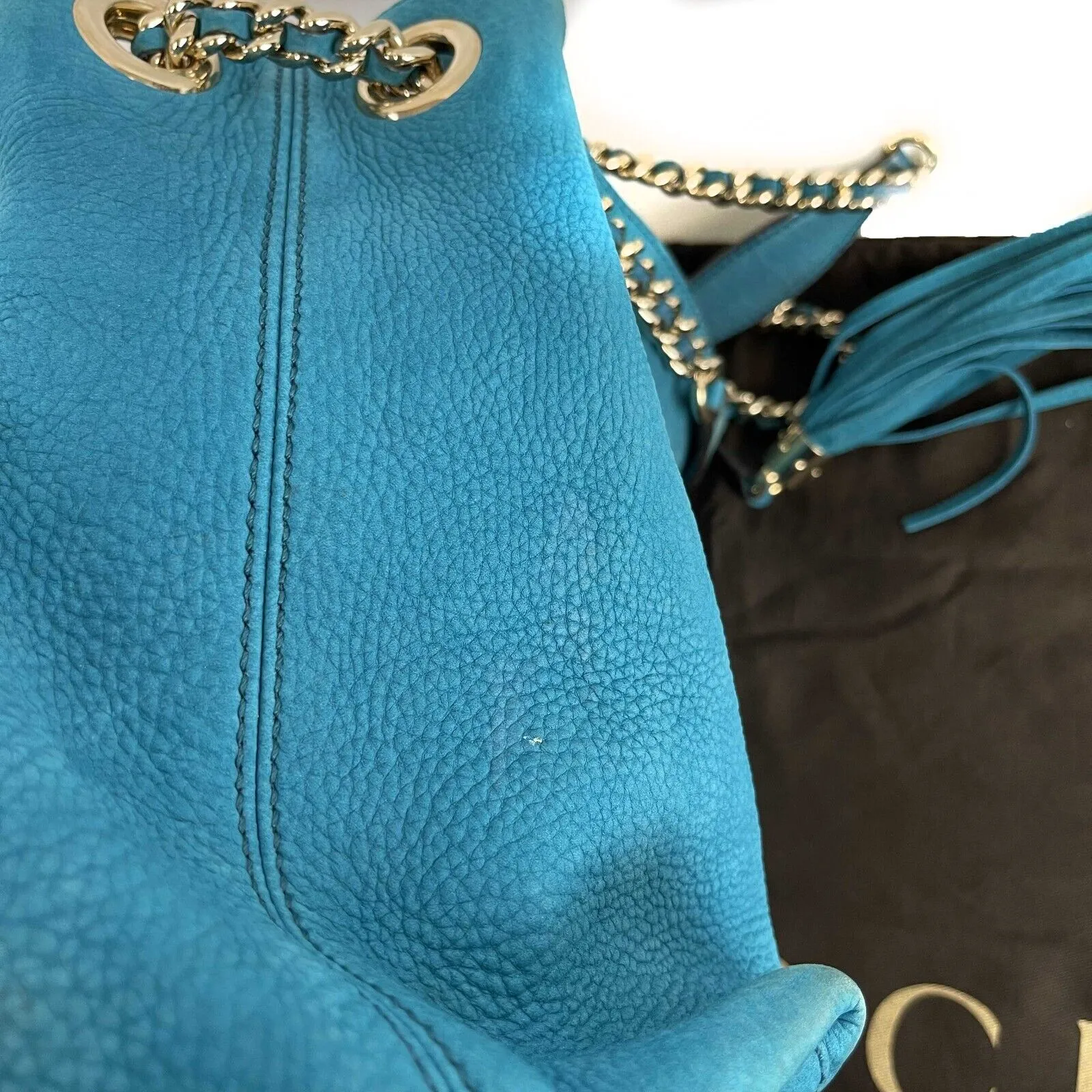 Gucci Nubuck Medium Soho Chain Shoulder Tote Aqua Blue Handbag