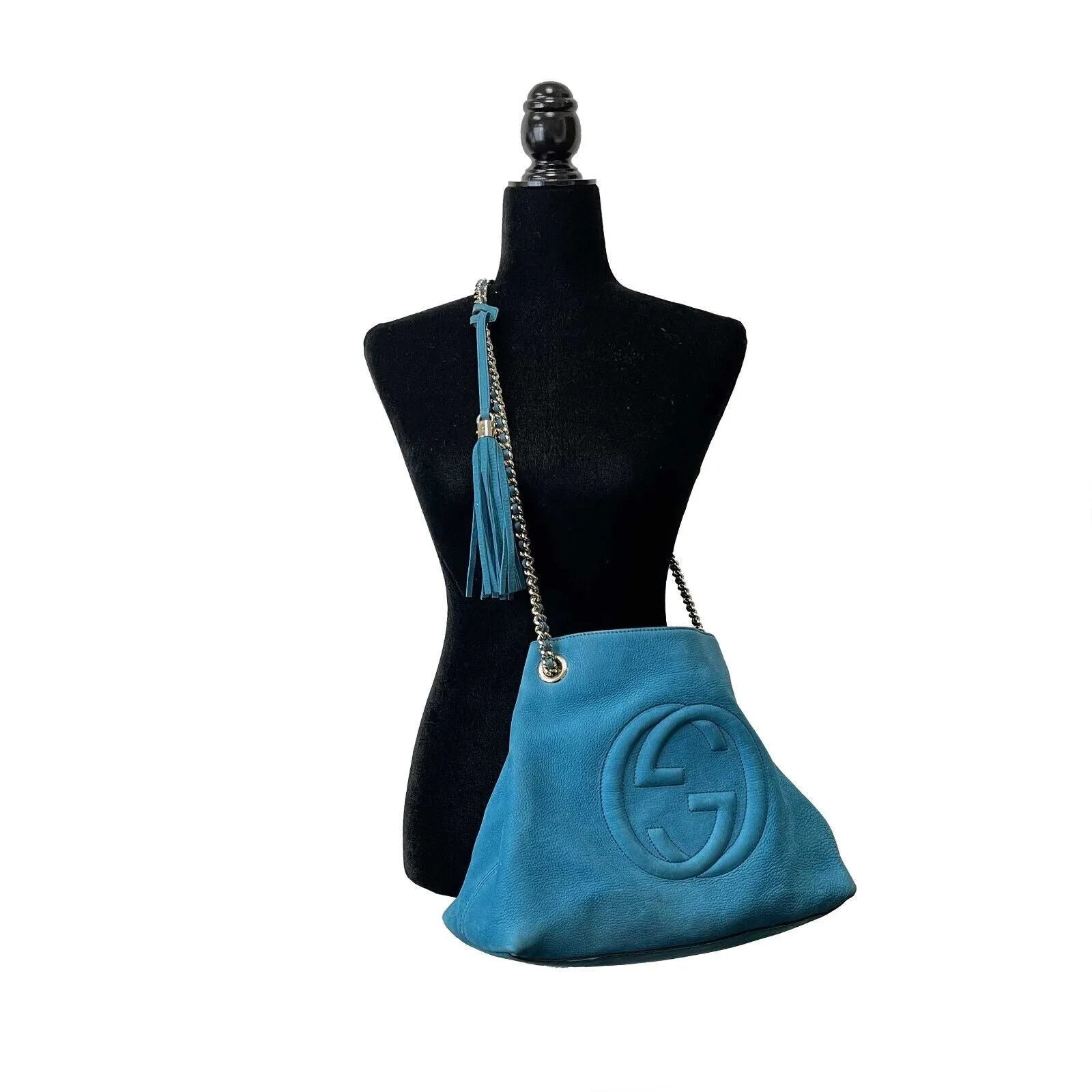 Gucci Nubuck Medium Soho Chain Shoulder Tote Aqua Blue Handbag