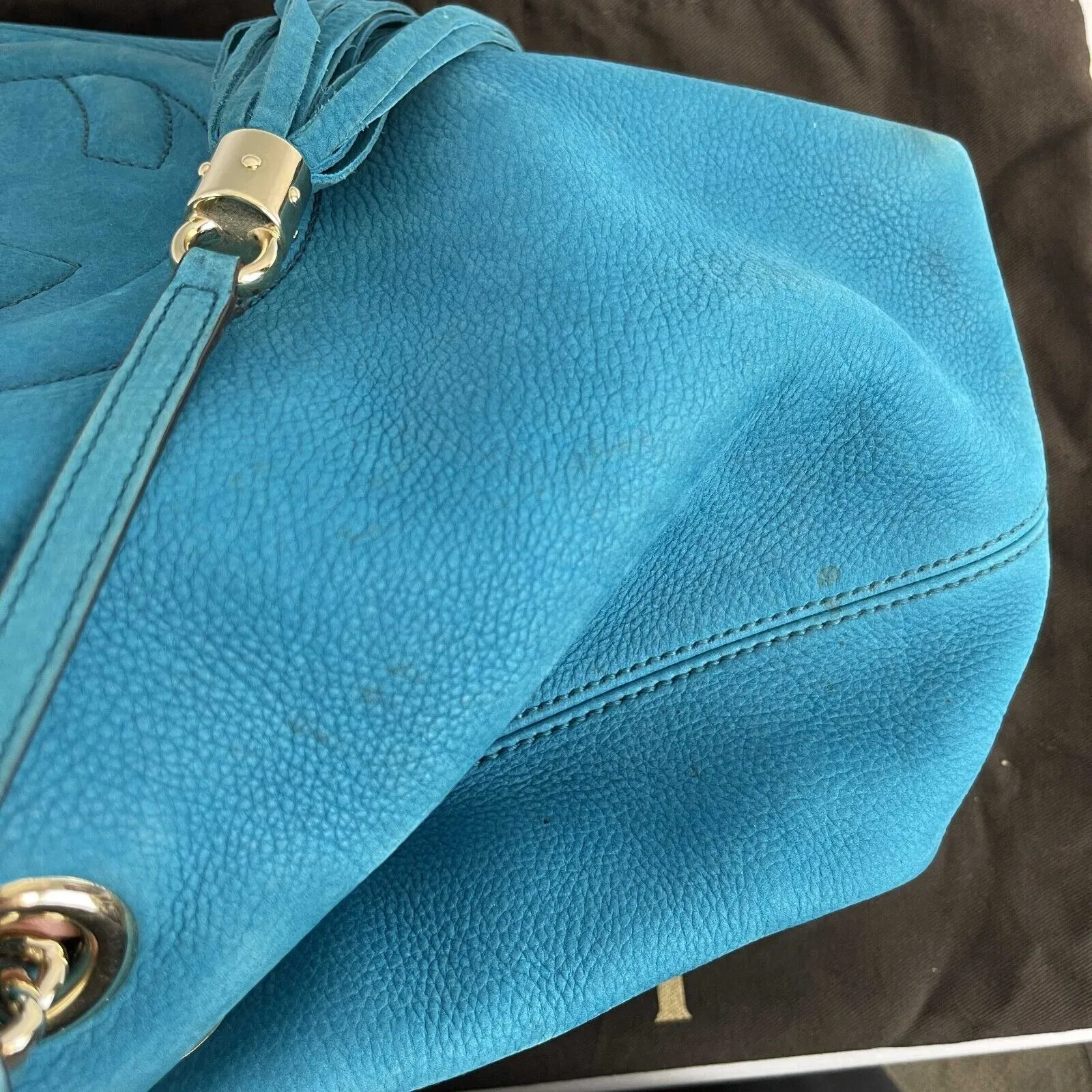 Gucci Nubuck Medium Soho Chain Shoulder Tote Aqua Blue Handbag