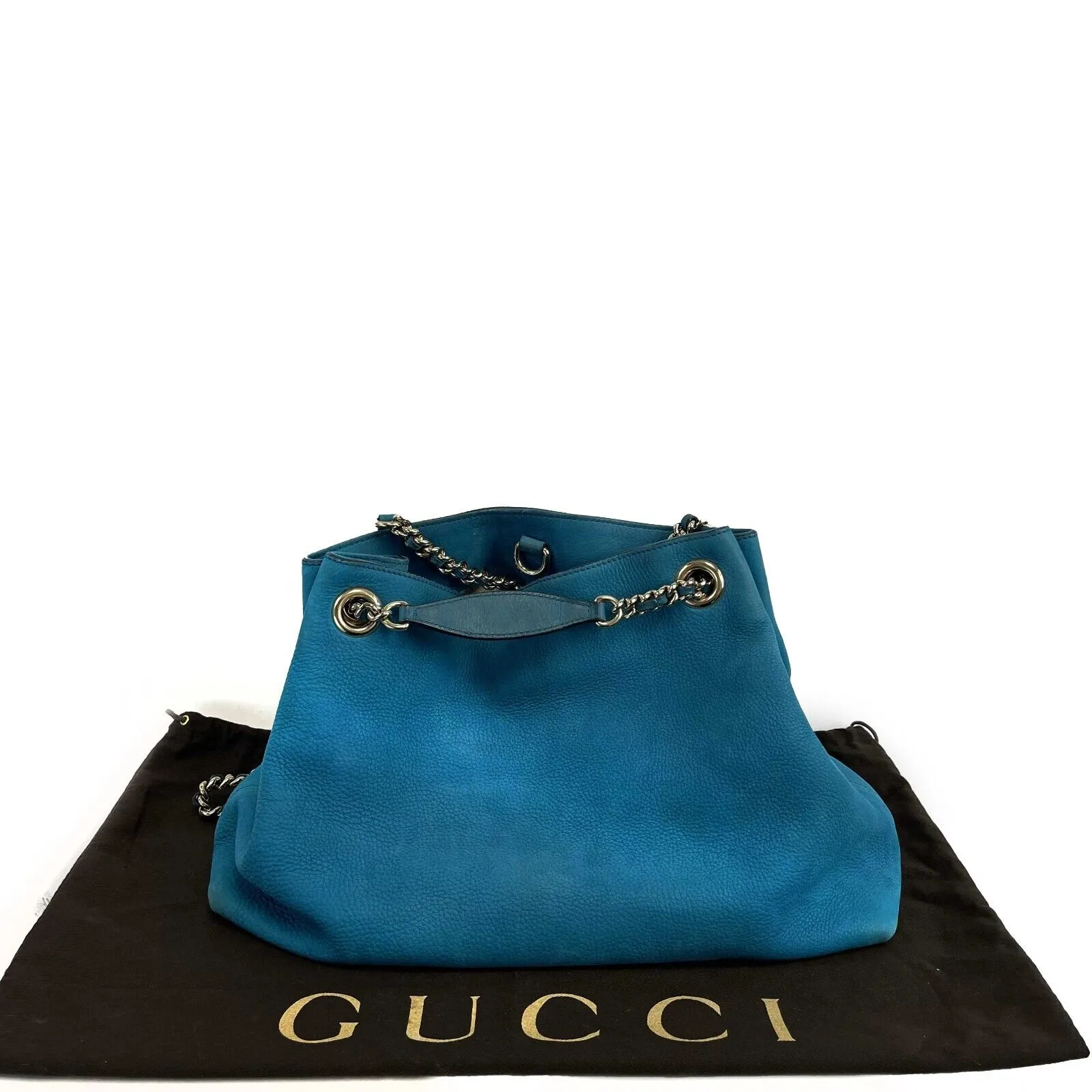 Gucci Nubuck Medium Soho Chain Shoulder Tote Aqua Blue Handbag