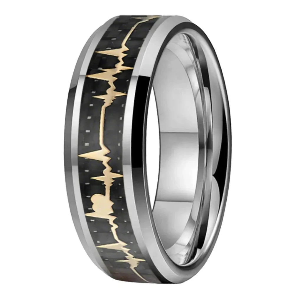 Heart Love Ring with Black Carbon Fiber Inlay Tungsten Men's Ring