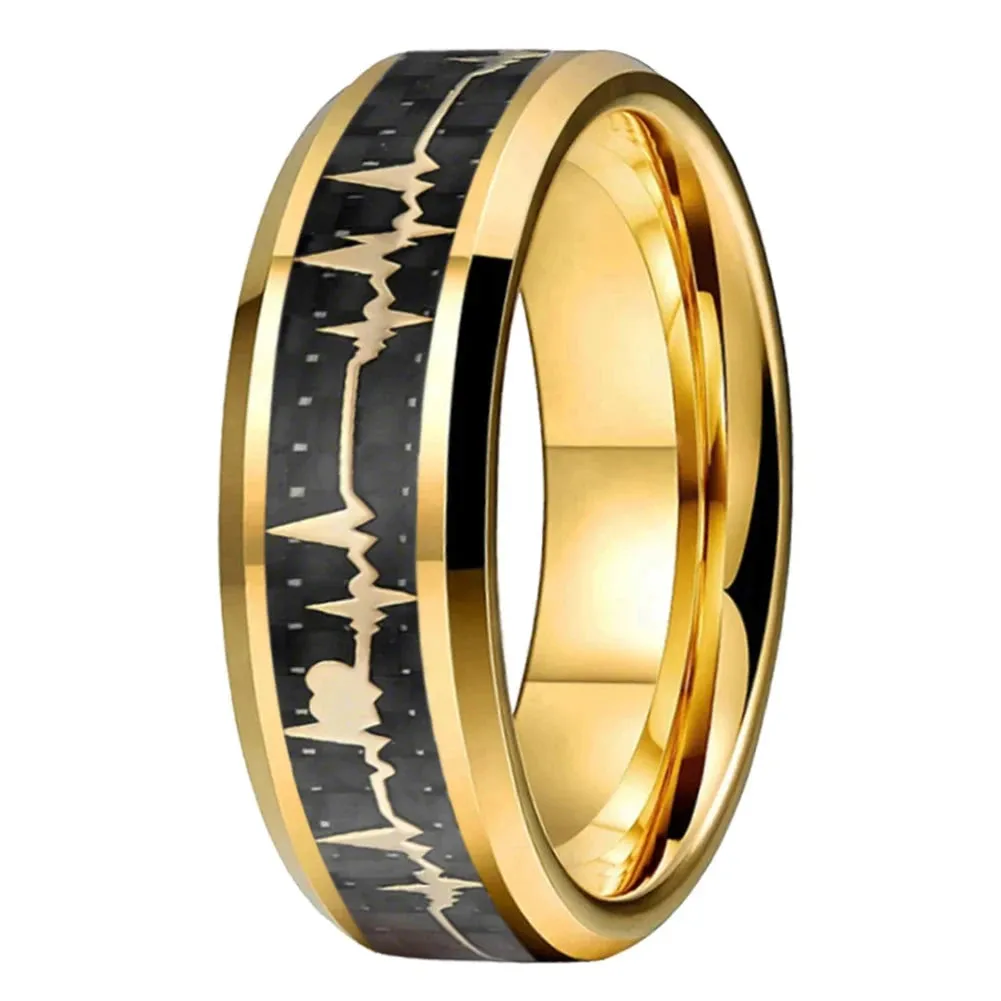 Heart Love Ring with Black Carbon Fiber Inlay Tungsten Men's Ring