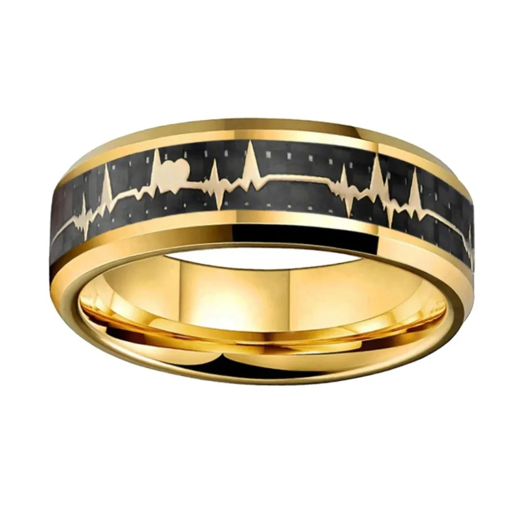 Heart Love Ring with Black Carbon Fiber Inlay Tungsten Men's Ring