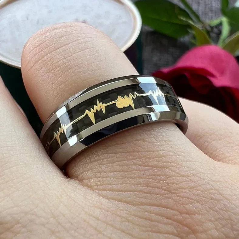 Heart Love Ring with Black Carbon Fiber Inlay Tungsten Men's Ring