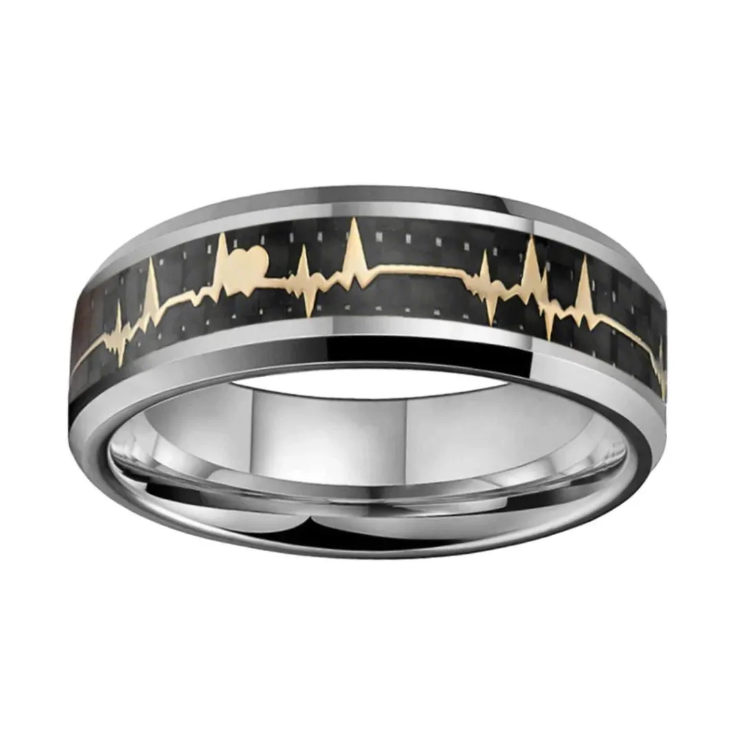 Heart Love Ring with Black Carbon Fiber Inlay Tungsten Men's Ring