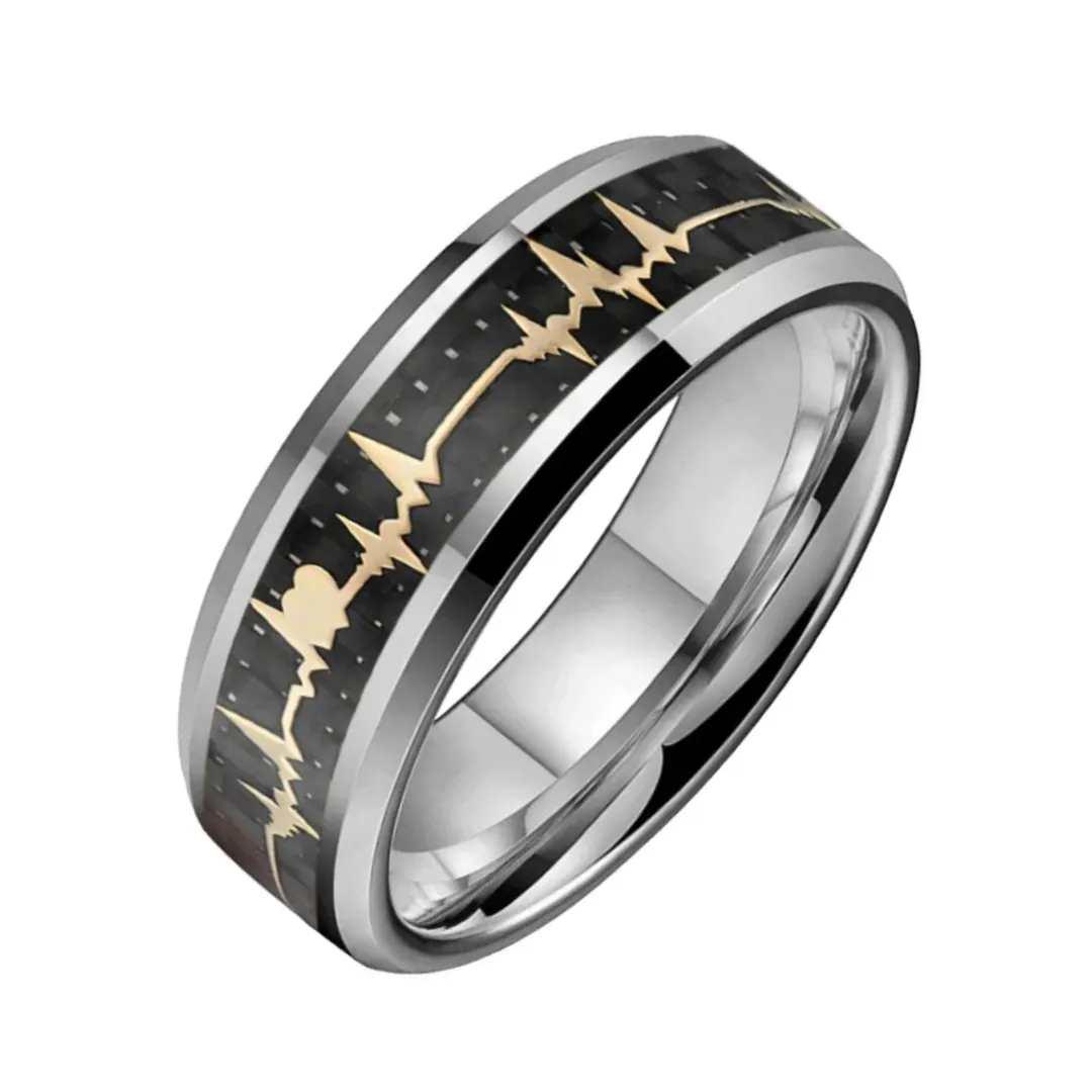 Heart Love Ring with Black Carbon Fiber Inlay Tungsten Men's Ring