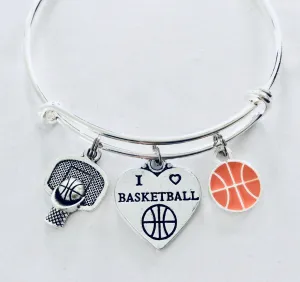 I Love Basketball Jewelry Expandable Silver Charm Bracelet Adjustable Wire Bangle One Size Fits All Gift Trendy Basketball Hoop