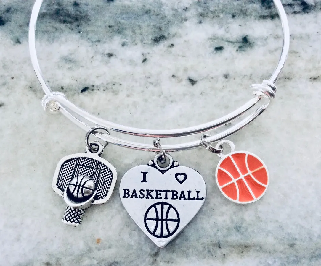 I Love Basketball Jewelry Expandable Silver Charm Bracelet Adjustable Wire Bangle One Size Fits All Gift Trendy Basketball Hoop