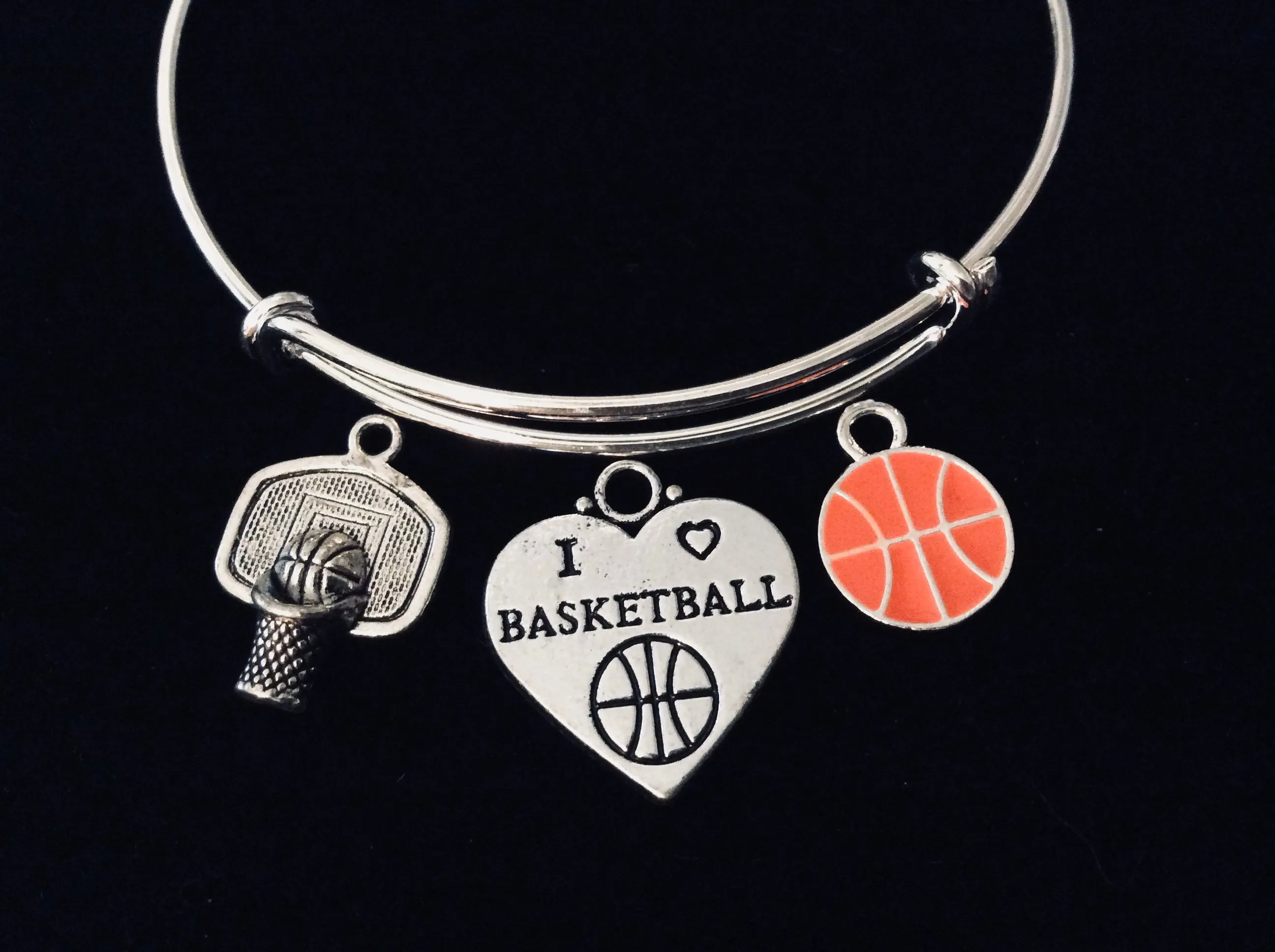 I Love Basketball Jewelry Expandable Silver Charm Bracelet Adjustable Wire Bangle One Size Fits All Gift Trendy Basketball Hoop