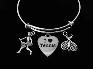 I Love Tennis Adjustable Bracelet Expandable Silver Charm Bracelet Tennis Player Racket Coach Gift